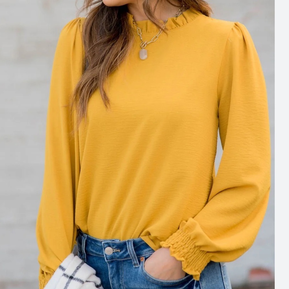 LOFT‎ mustard ruffle collar V back smocked cuffs top blouse Sz XL